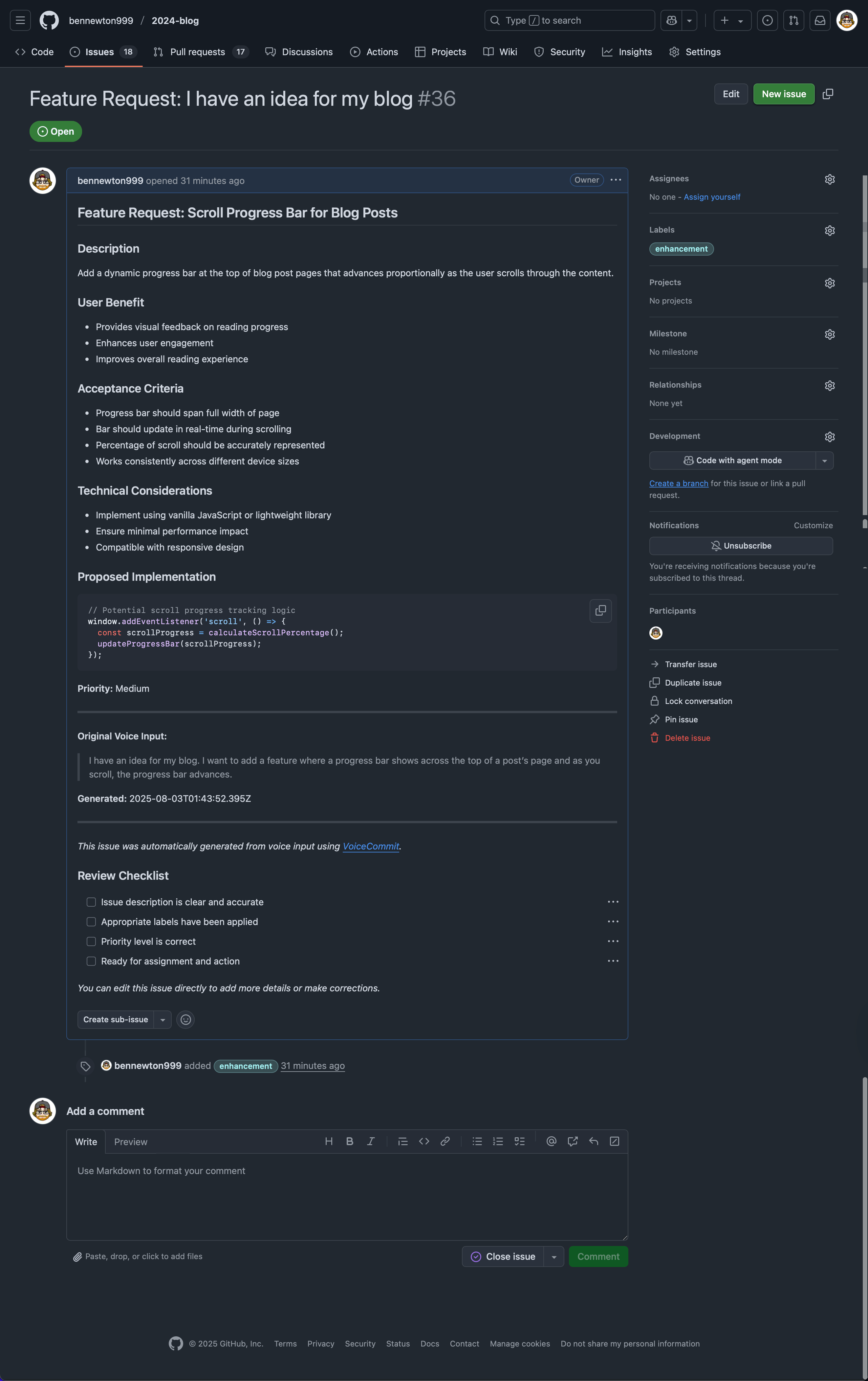GitHub issue created by VoiceCommit